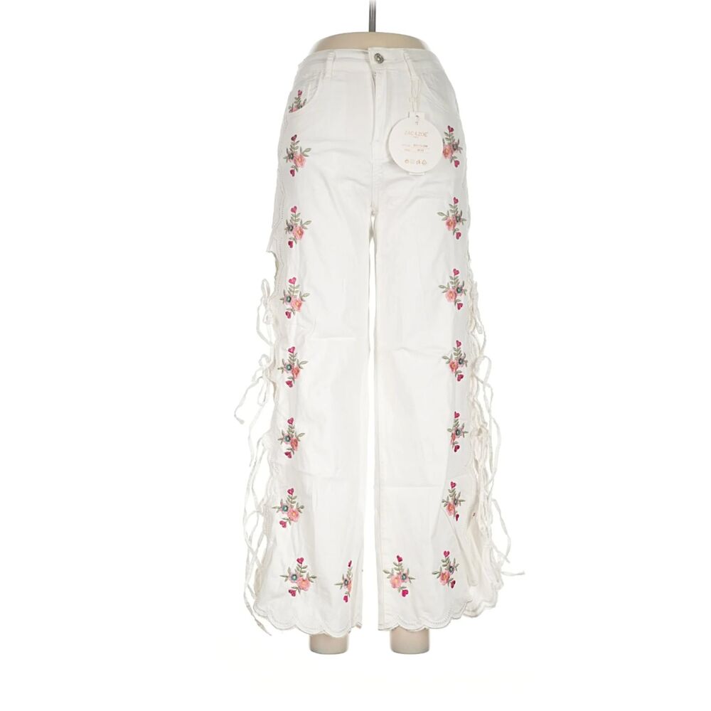 Zac & Zoe Paris White Floral Embroidered Wide Leg Lace Up Pants M 38 Boho Y2K - Picture 2 of 8